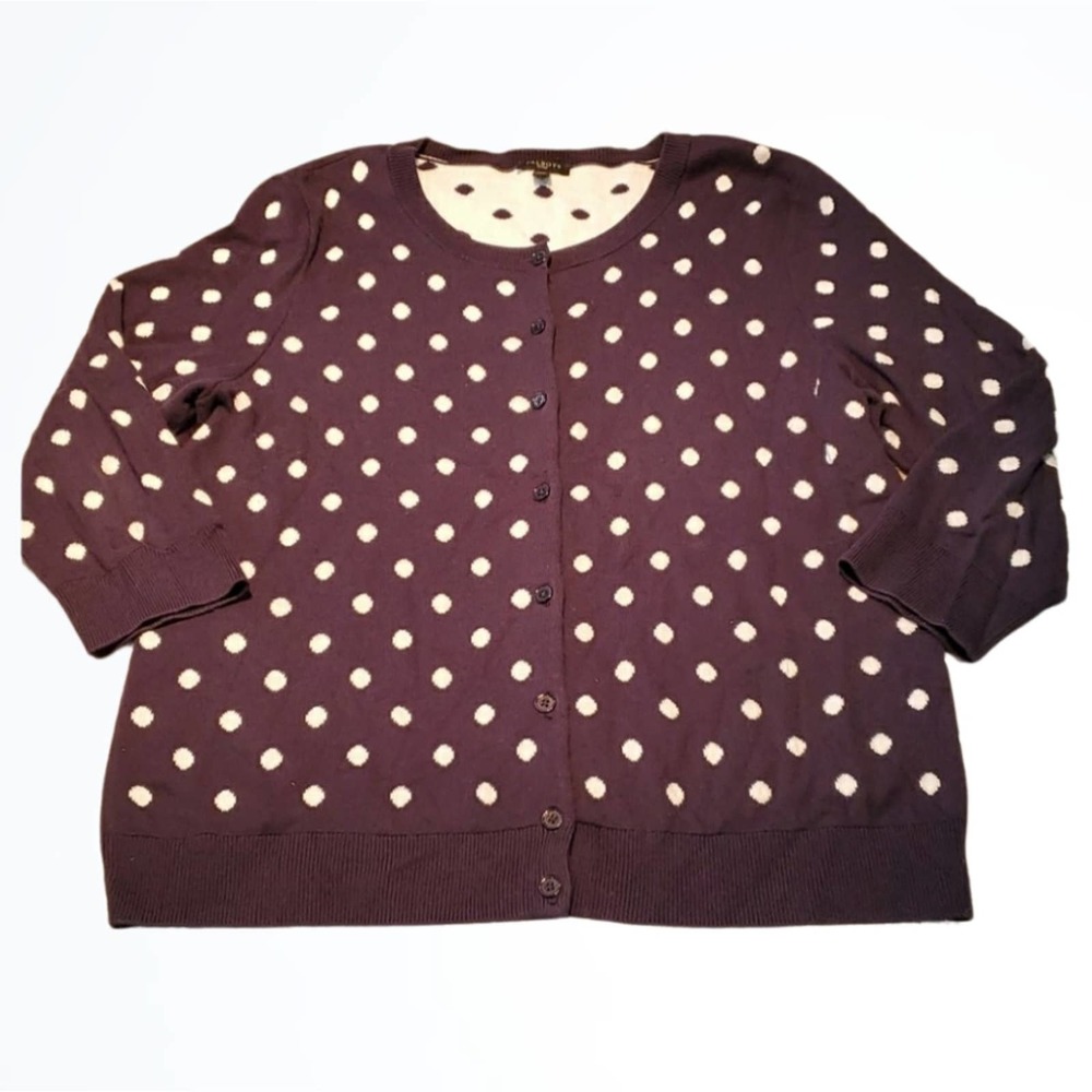 Talbots Petites Navy & White 3/4 Sleeve Polka Dot Button Up Cardigan Size LP